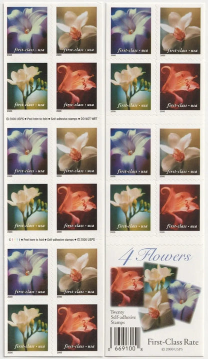 2000 USa Forever 34c Self Adhesive Four Flowers Stamps